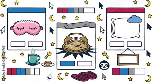 Φωτογραφία Sleep Routine Mobile App Onboarding Collection with Sleep Mask, Alarm Clock, Pil