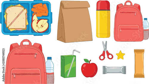 School Lunch Collection with Bento Lunch Box, Backpack, Paper Bag, Thermos Bottle, Healthy Snacks, and Kids School Supplies Vector Set