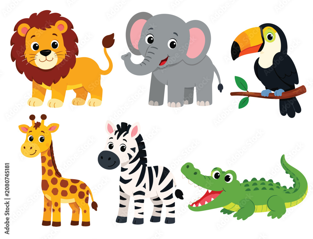 Fototapeta premium Wild safari animals set featuring a lion elephant toucan giraffe zebra and crocodile.
