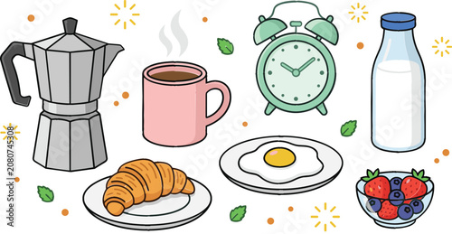 Photos Breakfast Food Collection with Coffee Cup, Croissant, Fried Egg, Milk Bottle, Fr