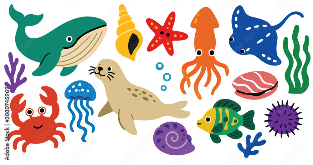 Fototapeta premium Sea creatures and diverse marine life elements swimming in underwater environment.