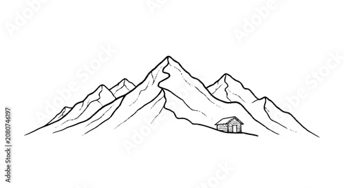 Small cabin on a mountain slope line sketch.