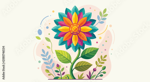 Colorful flower illustration with leaves on white background vibrant abstract