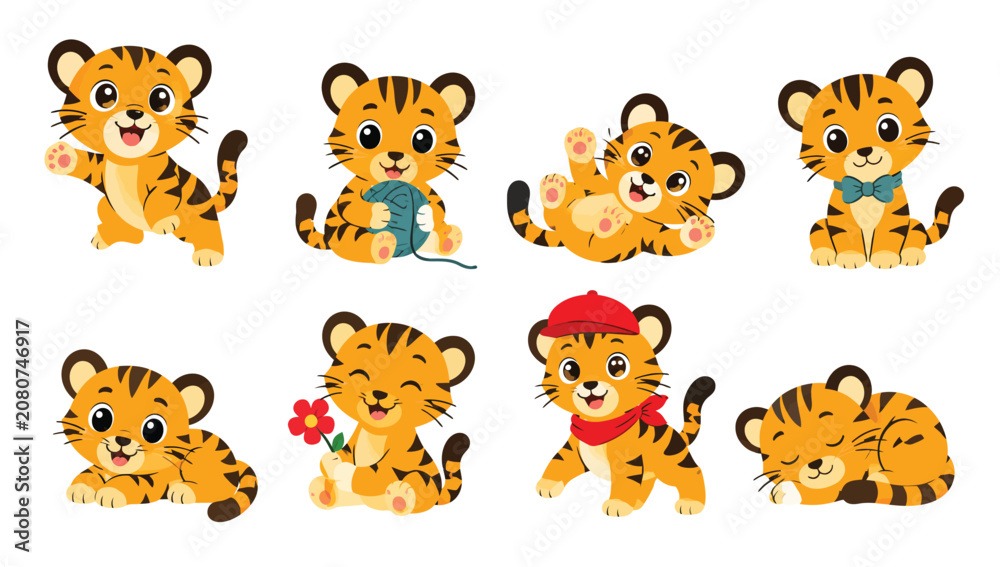 Obraz premium Cute little tiger cubs set displaying different playful emotions and poses.