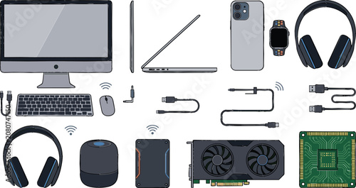 Foto Consumer Electronics Collection with Desktop Computer, Laptop, Smartphone, Smart