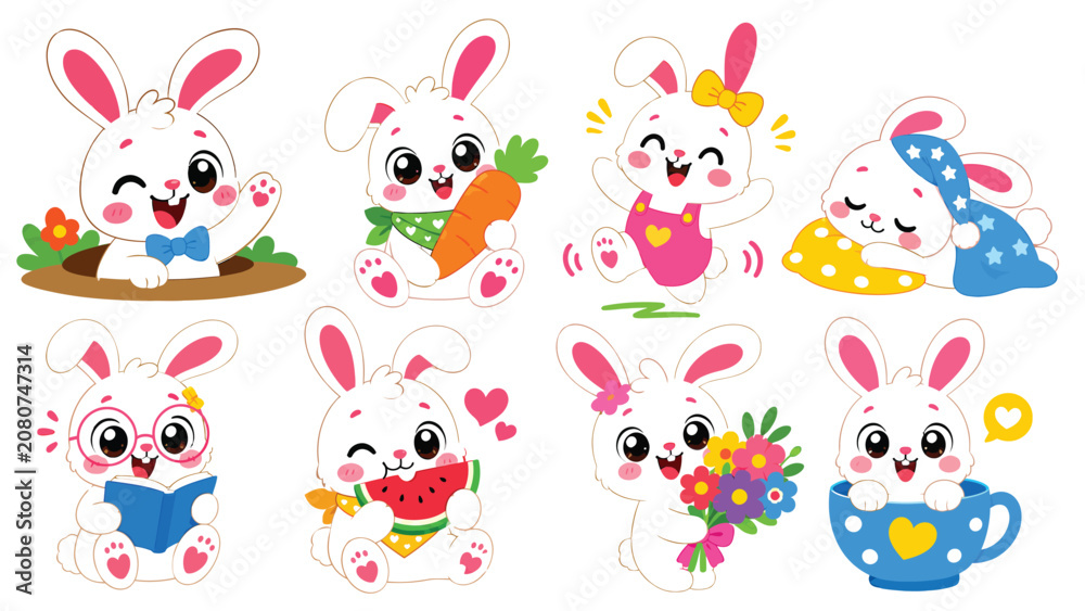 Naklejka premium Playful white rabbits celebrating happy moments and eating snacks.