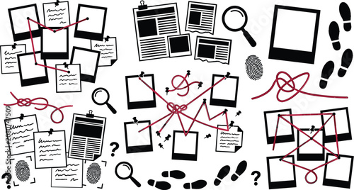 Detective Investigation Evidence Collection with Crime Board, Clues, Fingerprints, Footprints, Red String Connections, Documents, and Mystery Vector Set