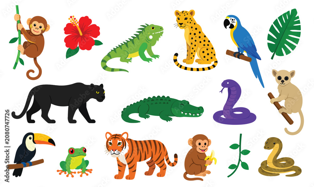 Fototapeta premium Tropical jungle animals and wildlife creatures set.