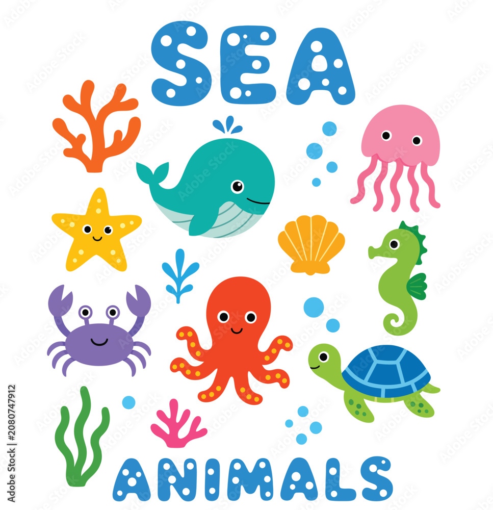 Fototapeta premium Cute cartoon sea animals and underwater life elements pack.