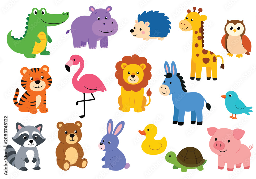 Naklejka premium Adorable cartoon zoo and domestic animals mega bundle.