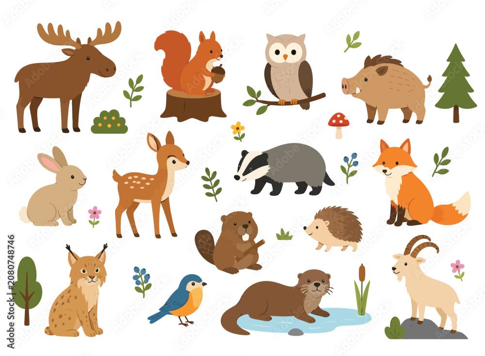 Naklejka premium Cute wild animals in the forest landscape background.