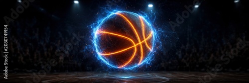 Glowing basketball in arena with copy space