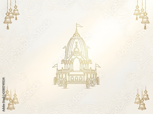 Minimalist golden outline temple chariot design with bells in corners on white background.