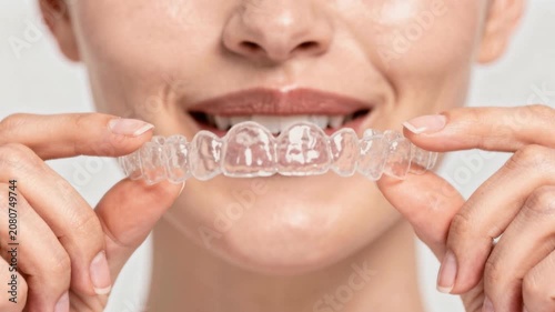 Close up of smiling woman holding clear dental aligner for teeth straightening and orthodontic treatment