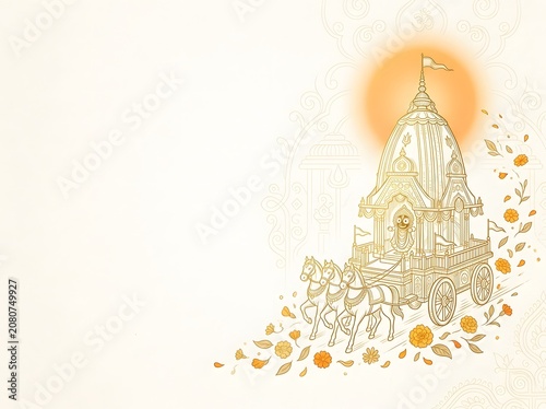 Golden line drawing of ornate temple chariot pulled by horses on cream colored background.