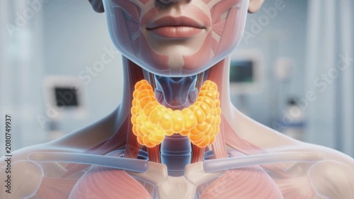 Detailed medical illustration of human thyroid gland anatomy with muscles and bones in a healthcare setting