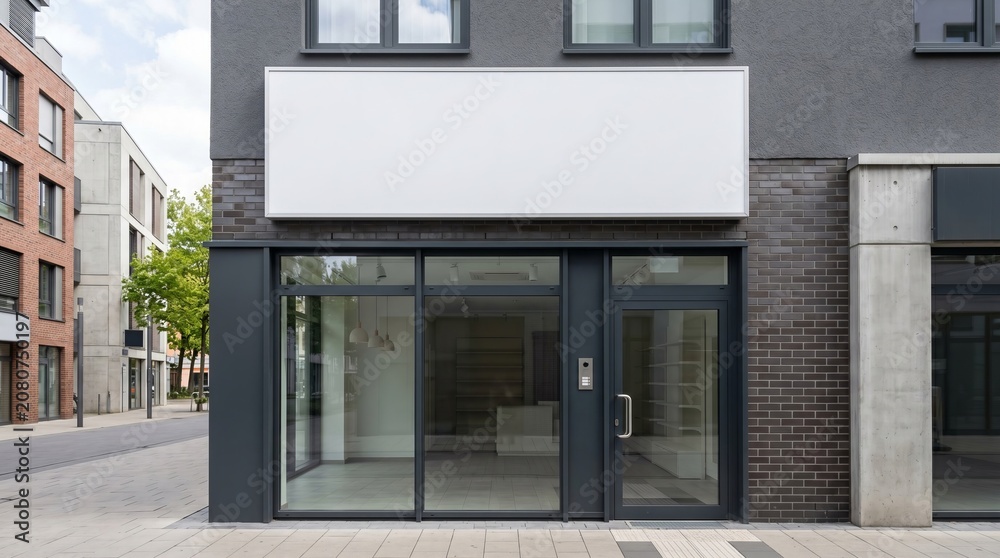 Fototapeta premium Blank white storefront sign mockup mounted above modern retail entrance on quiet city shopping street, commercial façade