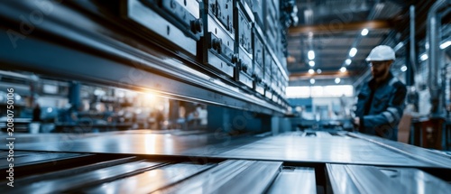 Factory worker operating a press brake machine for sheet metal fabrication