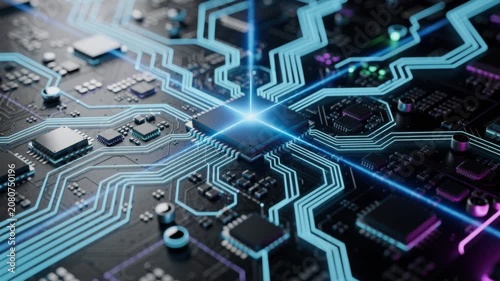 Close up of futuristic glowing computer circuit board with microchips and blue neon lines