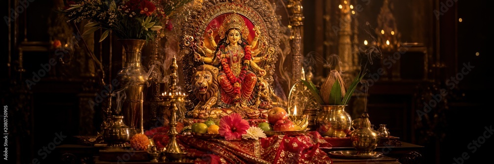 Obraz premium Lakshmi puja altar with lamps and flowers