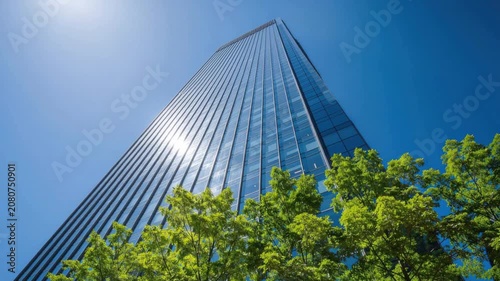 Modern glass skyscraper reflecting sunlight with green trees and clear blue sky background