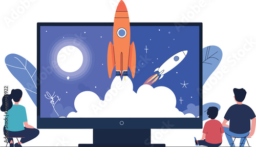 People watching rockets launching into space on a large computer screen display