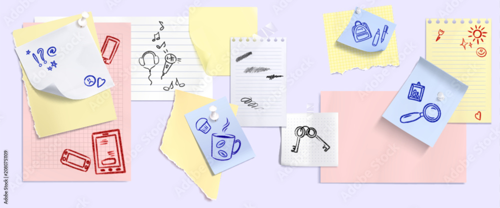 Fototapeta premium Retro paper notebook page elements with adhesive tape strips, torn edges texture, pins, realistic vector background. Scrapbook stickers, curled memo notes with doodle scribbles, collage school frames