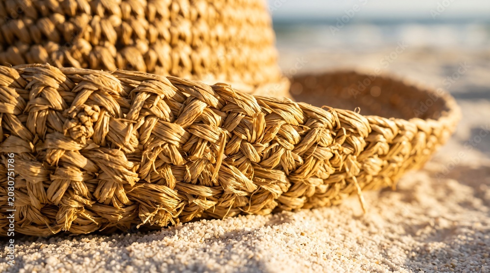 Obraz premium Woven straw hat brim resting on bright white sand beach during golden hour evoking summer vacation travel relaxation