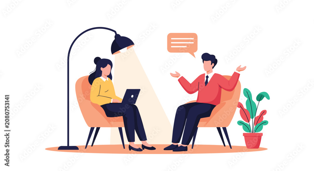 Fototapeta premium Psychological therapy session or business interview between a female psychologist and a talking male patient.
