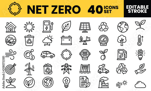 Schilderij op canvas Professional collection of forty net zero line icons promoting environmental sustainability and green energy on a bright clean backdrop