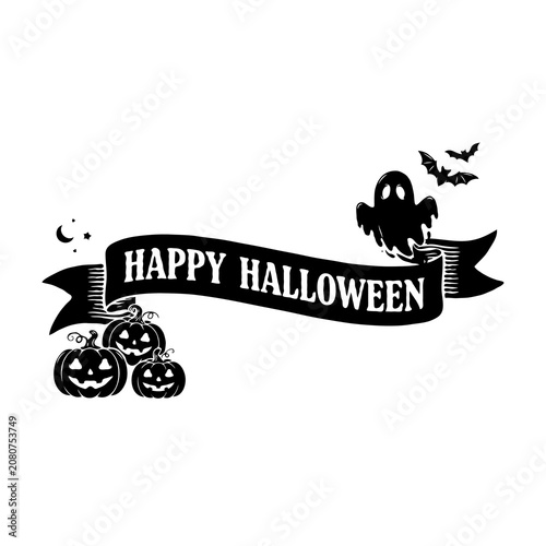 Black Silhouette Halloween Vector Illustration with Pumpkin Ghost and Bat Isolated on White Background