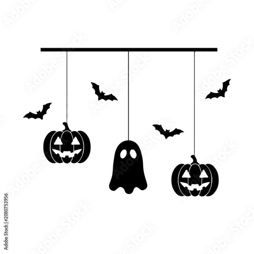 Black Silhouette Halloween Vector Illustration with Pumpkin Ghost and Bat Isolated on White Background
