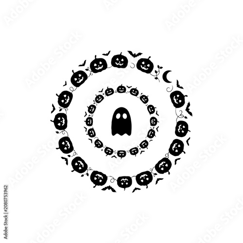 Black Silhouette Halloween Vector Illustration with Pumpkin Ghost and Bat Isolated on White Background