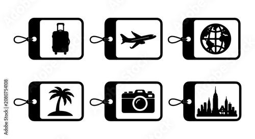 Travel Icons Set: Luggage, Airplane, Globe, Palm Tree, Camera, Cityscape Vector Graphics