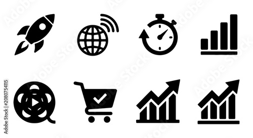 Business Growth Icons: Rocket, Globe, Stopwatch, Charts, Shopping Cart, Film Reel for Success