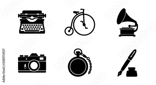 Retro Icons Set: Vintage Typewriter, Penny Farthing Bike, Gramophone, Camera, Pocket Watch, Pen & Ink