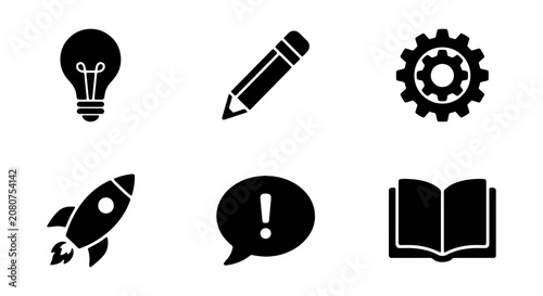 Business Idea Icons: Lightbulb, Pencil, Gear, Rocket, Exclamation, Book - Vector Set