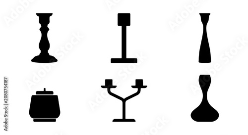 Candlestick Silhouettes, Elegant Holders, Decorative Vases, Vector Icons Set