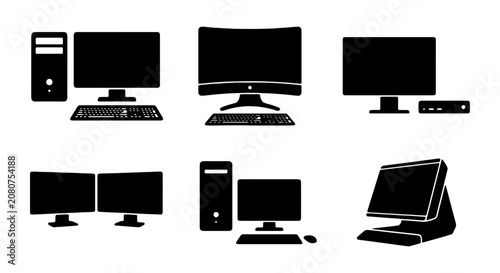 Computer Setups, Desktop PCs, Monitors, and Peripherals Vector Icons