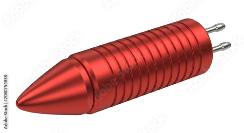 3D render of metallic red bullet with screw thread and pointed tip isolated on white
