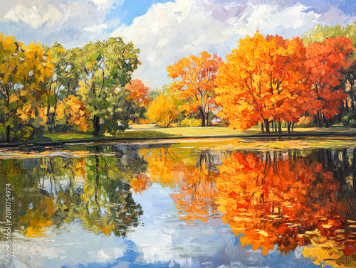 Autumn Park Landscape with Vibrant Trees Reflecting in Lake