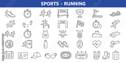 Running sports icons set including shoes stopwatch athlete treadmill finish line and marathon track.