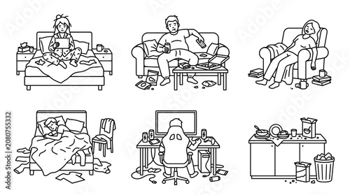 Obraz na płótnie Messy Lifestyle and Unhealthy Home Habits Line Art Illustration Set with Lazy Pe