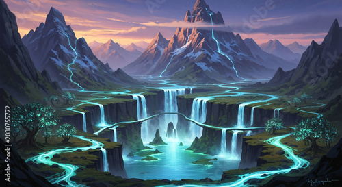 Digital illustration of a serene mountainous landscape with glowing waterfalls and rivers at dusk, surrounded by rugged peaks and lush greenery.