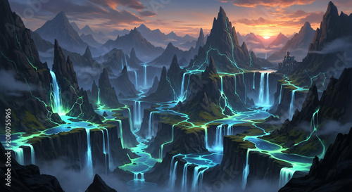 A serene landscape of a fantasy mountain range with glowing blue waterfalls and misty atmosphere at sunset with warm orange tones.