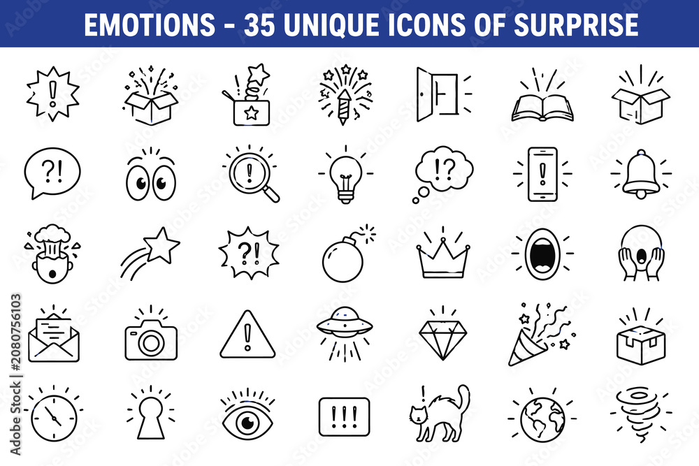 Fototapeta premium Outlined exclamation marks and light bulb elements representing surprise emotions.
