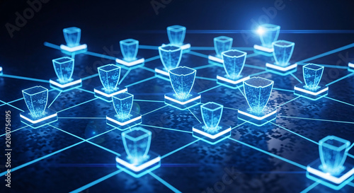 A futuristic network of glowing glass cups on square platforms connected by blue lines on a dark background with a cinematic lighting effect.