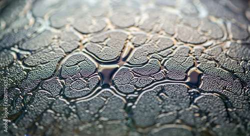 Close-up view of a cracked, dry, and weathered surface with a blurred background and a shallow depth of field, showcasing a predominantly dark color palette with hints of brown and gray