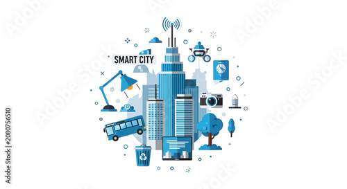 Smart City Technology Concept Illustration with IoT, 5G Network, Sustainable Urban Planning, and Digital Infrastructure on White Background
