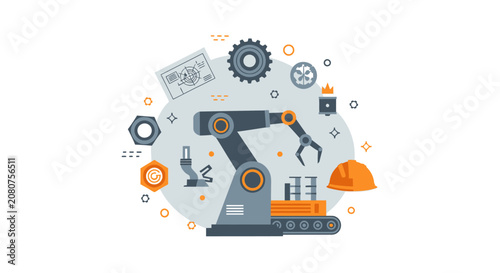 Modern Industrial Automation Concept with Robotic Arm, Engineering Icons, and Mechanical Parts